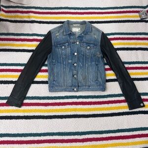 Rag & bone lamb leather sleeve jean jacket distressed tattered denim size small